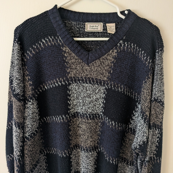 Vintage Bugle Boy Men XL V-Neck Sweater Blue Gray Eclectic Grandpa Cabin Cottage - Picture 3 of 6